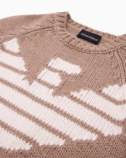 Maglione Emporio Armani color cammello in misto lana con maxi logo aquila jacquard e manica raglan