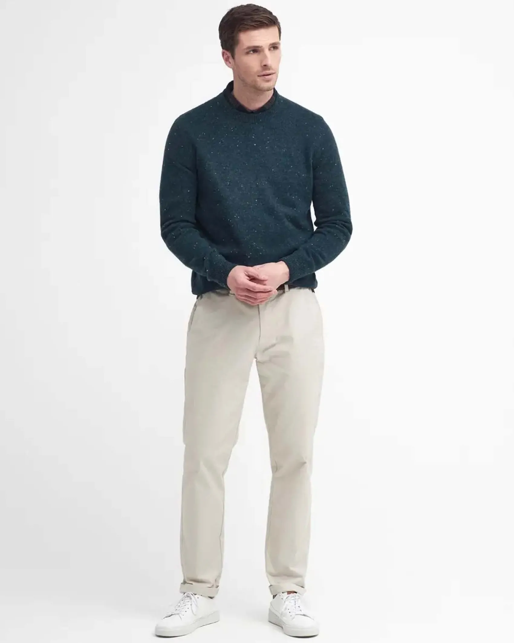 Maglione girocollo Barbour verde militare in pura lana bottonata