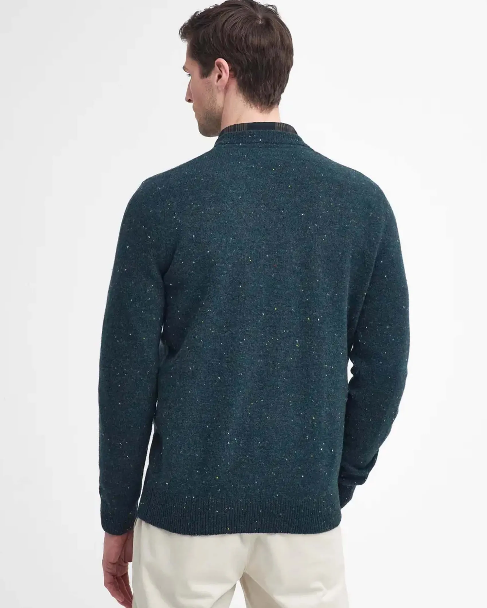 Maglione girocollo Barbour verde militare in pura lana bottonata