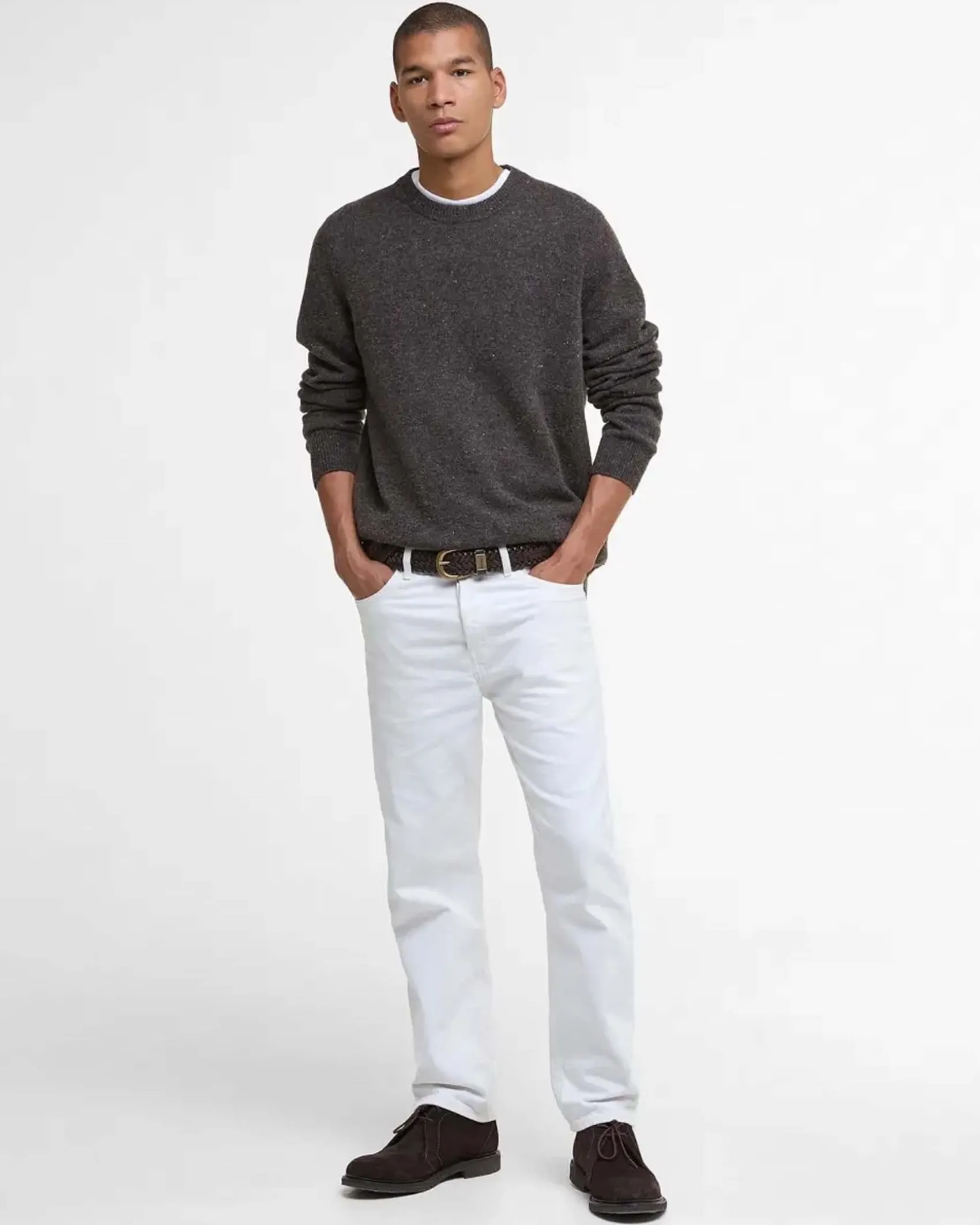 Maglione girocollo Barbour marrone in pura lana bottonata