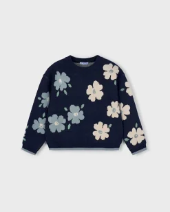 Maglione jacquard Mayoral blu a maniche lunghe e maxi fiori multicolor