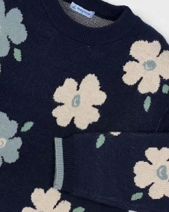 Maglione jacquard Mayoral blu a maniche lunghe e maxi fiori multicolor
