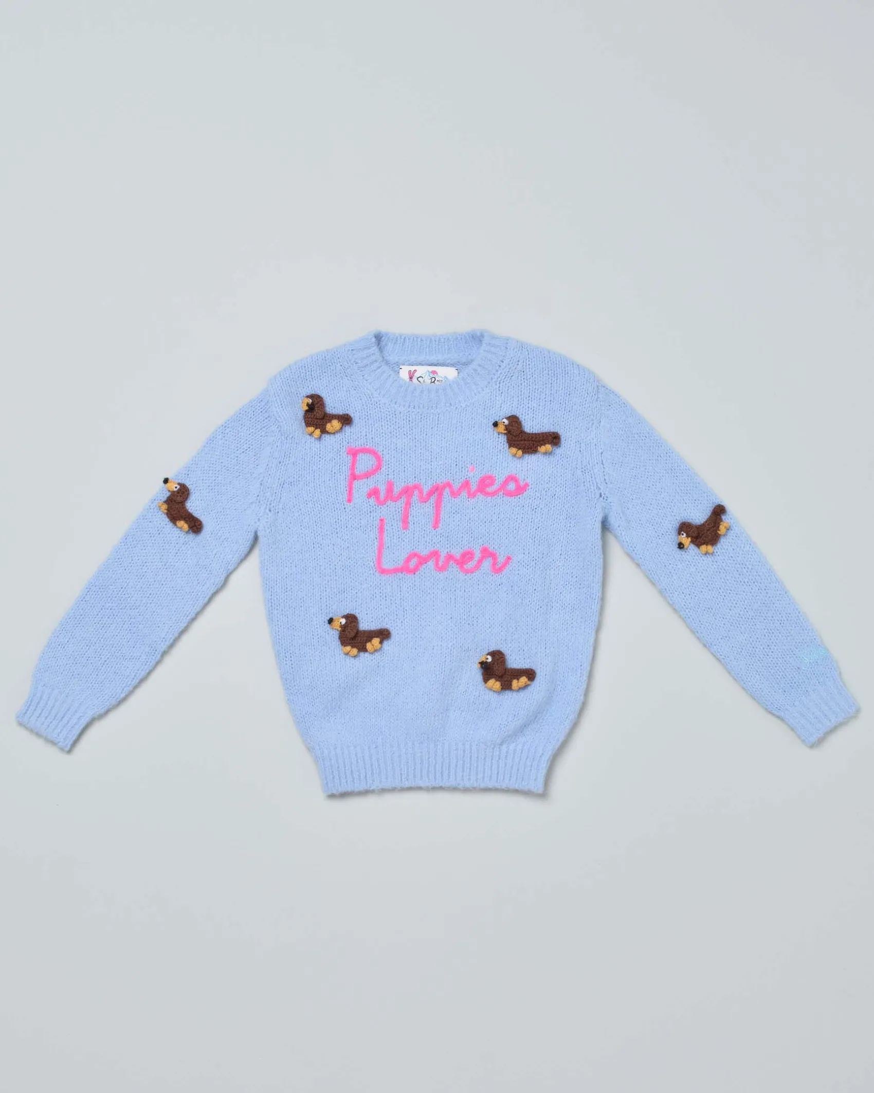 Maglione MC2 Saint Barth azzurro in misto alpaca con cagnolini e scritta Puppies Lover ricamati