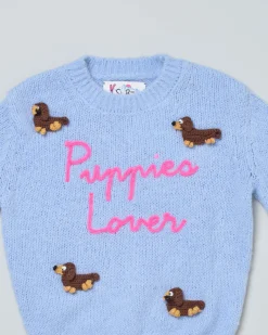 Maglione MC2 Saint Barth azzurro in misto alpaca con cagnolini e scritta Puppies Lover ricamati