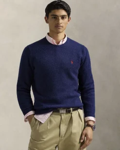 Maglione Polo Ralph Lauren blu indaco in misto lana e alpaca con logo pony in contrasto ricamato sul petto