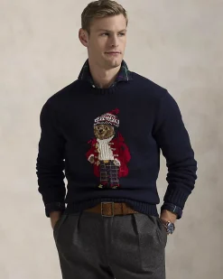 Maglione Polo Ralph Lauren blu girocollo in misto cotone e cachemire con Polo Bear ricamato davanti
