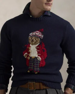Maglione Polo Ralph Lauren blu girocollo in misto cotone e cachemire con Polo Bear ricamato davanti