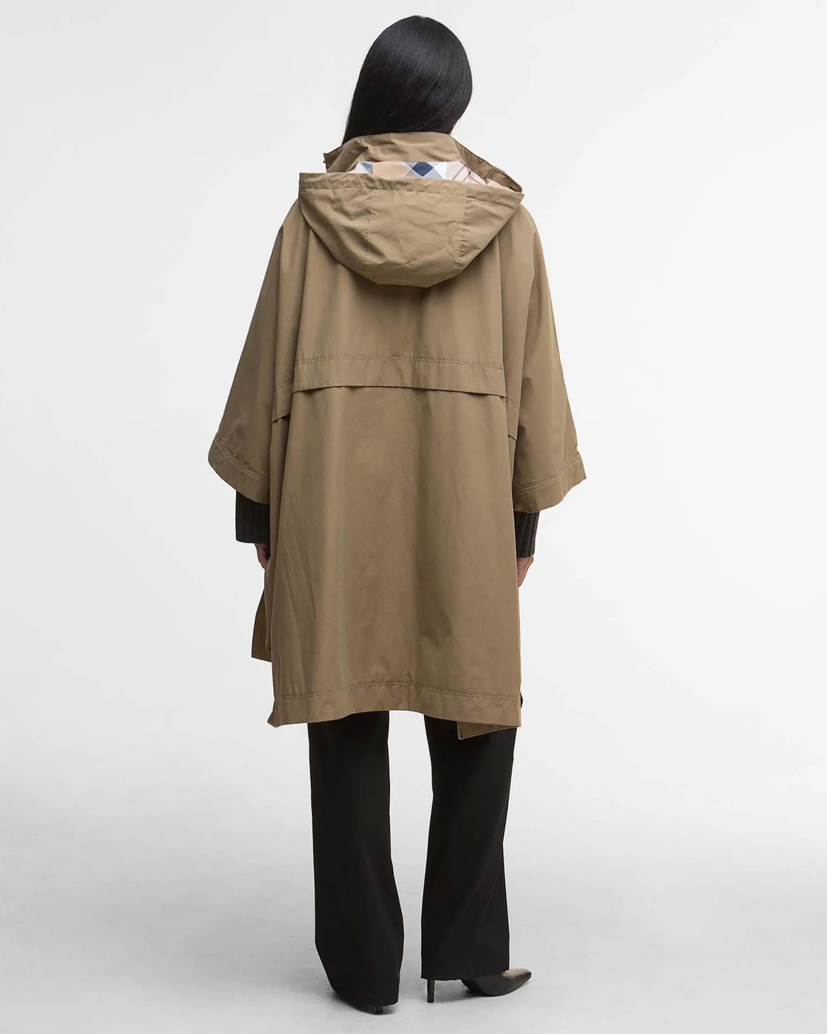Mantella antipioggia Everlee beige in cotone con cappuccio e fodera interna a fantasia tartan