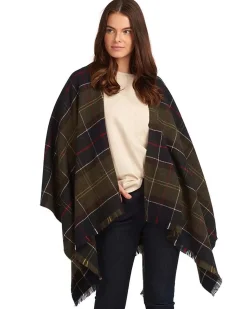 Mantella Babour verde a fantasia tartan blu e bordeaux con frangette al fondo