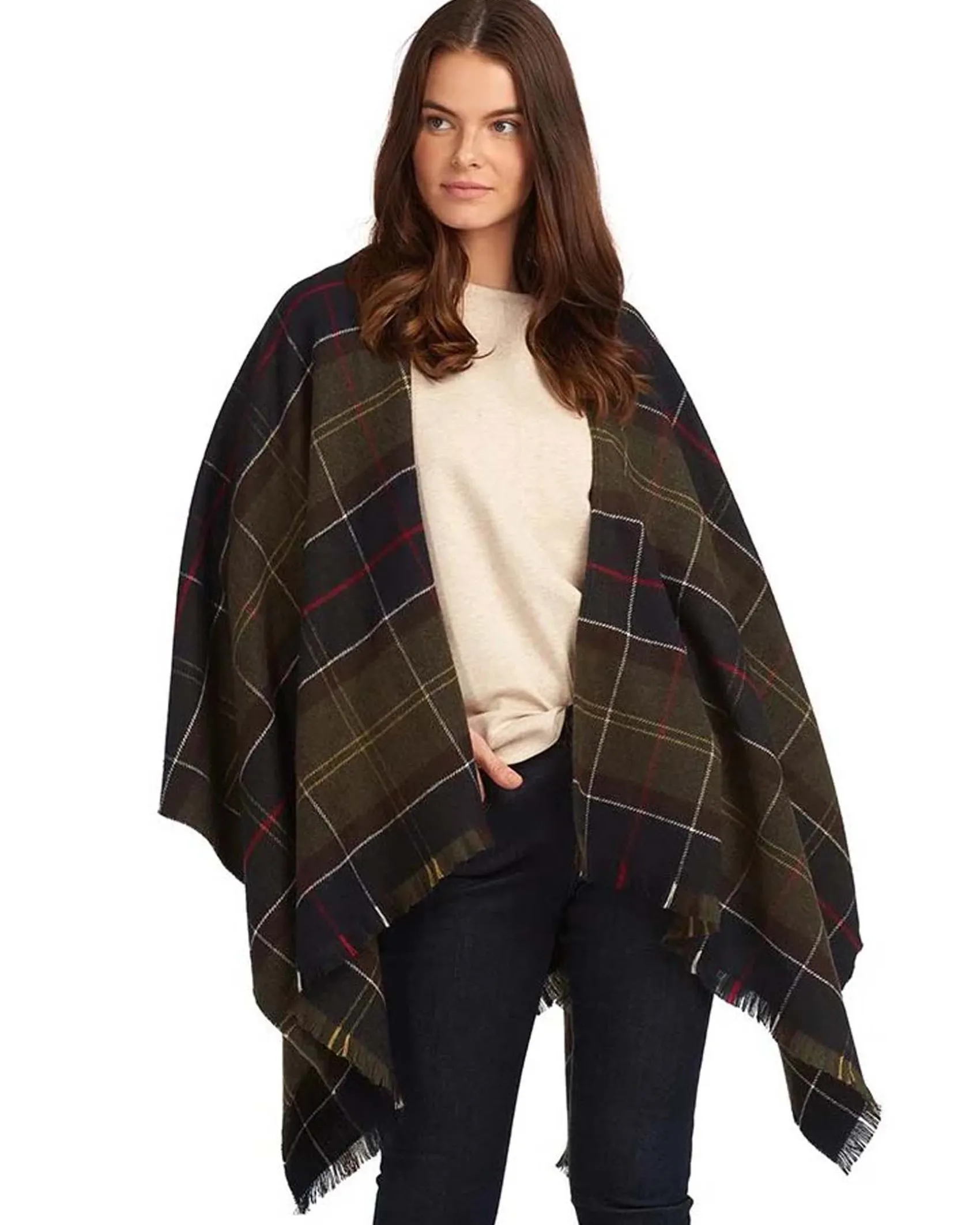 Mantella Babour verde a fantasia tartan blu e bordeaux con frangette al fondo