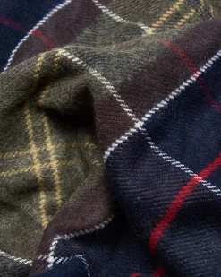 Mantella Babour verde a fantasia tartan blu e bordeaux con frangette al fondo