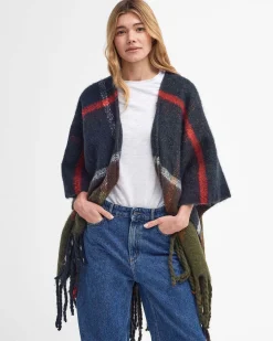 Mantella Barbour in tessuto effetto mohair a fantasia tartan verde e blu con frange al fondo
