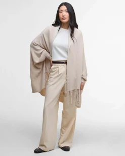 Mantella Barbour Tabitha beige in lana e viscoa con frange al fondo