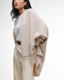 Mantella Barbour Tabitha beige in lana e viscoa con frange al fondo