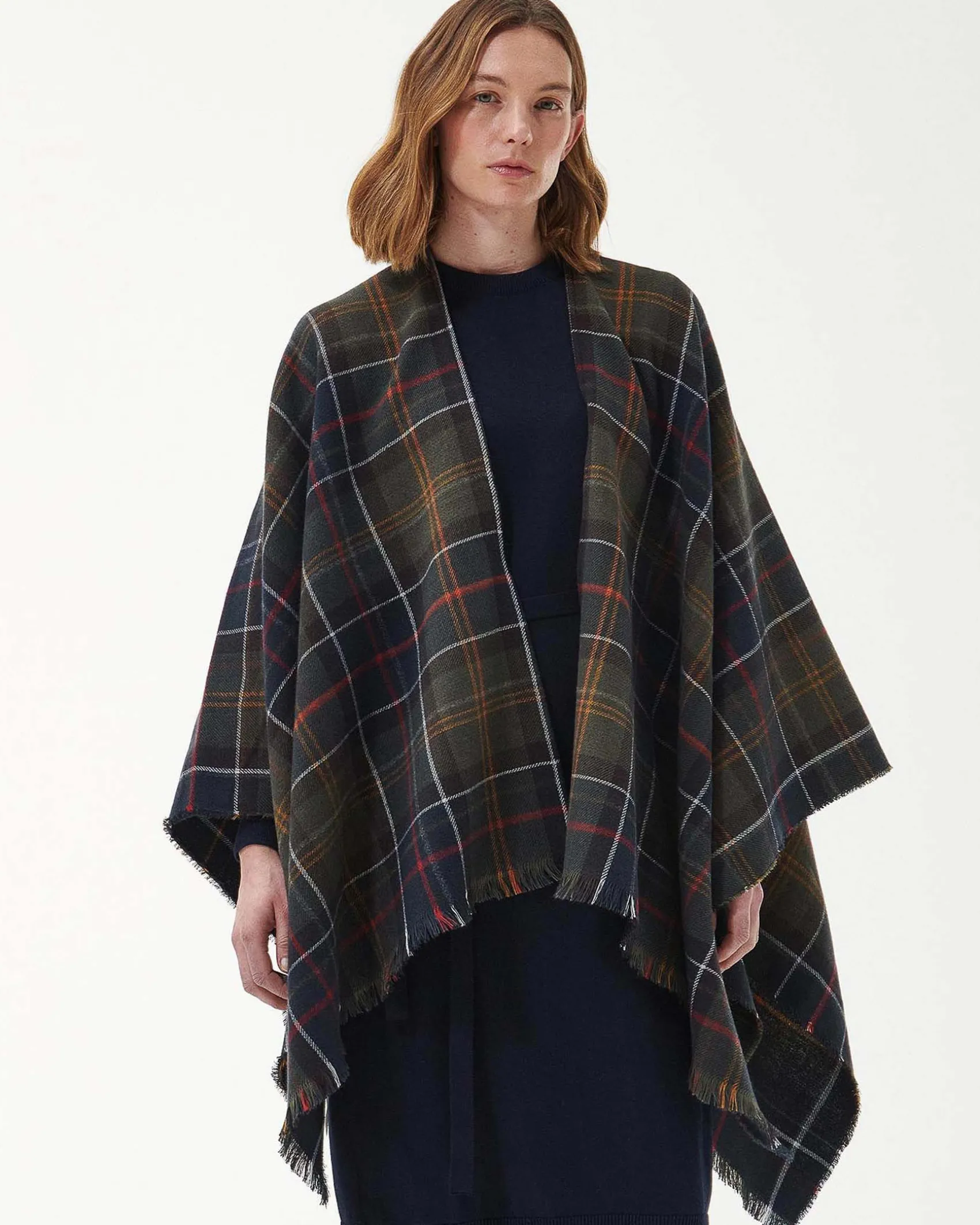Mantella verde a fantasia tartan blu e giallo con frange lungo i profili