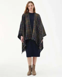 Mantella verde a fantasia tartan blu e giallo con frange lungo i profili