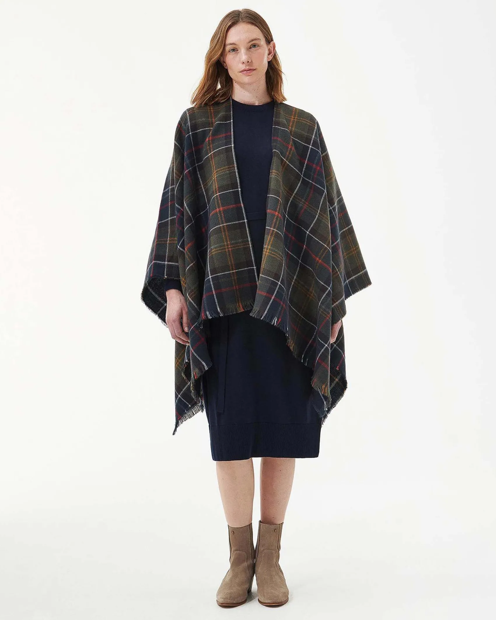 Mantella verde a fantasia tartan blu e giallo con frange lungo i profili