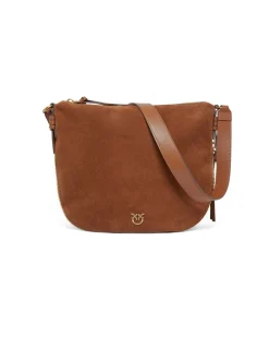 Maxi hobo bag Pinko color cuoio in suede con tracolla in pelle liscia con apertura a cerniera sul fondo