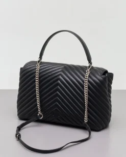 Maxi Lady Bag in pelle nera con motivo a chevron e manico a mano e fibbia Love Birds argento