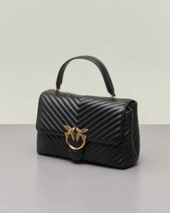 Maxi Lady Bag in pelle nera con motivo a chevron e manico a mano e fibbia Love Birds dorata