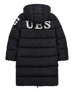 Maxi piumino Guess in nylon nero trapuntato con cappuccio e maxi logo bianco sul retro