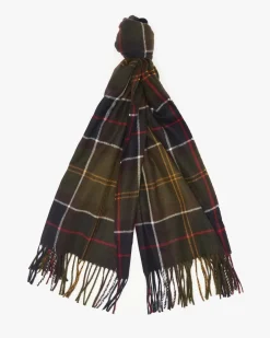 Maxi sciarpa Barbour modello Stanway a fantasia tartan verde e blu con frange al fondo