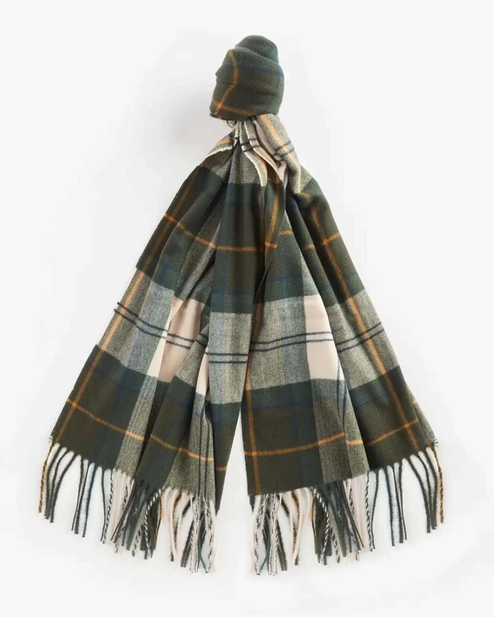 Maxi sciarpa Barbour modello Stanway a fantasia tartan verde e avorio con frange al fondo