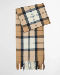 Maxi sciarpa Barbour modello Stanway a fantasia tartan cammello, avorio blu con frange al fondo