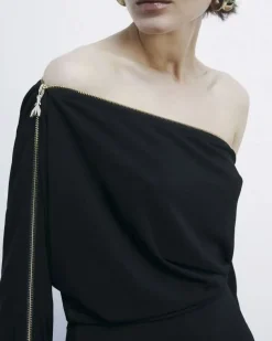 Mini abito nero Patrizia Pepe in jersey di viscosa stretch con maniche lunghe e dettaglio a cerniera sulle spalle