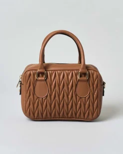 Mini bauletto Hlo! color cuoio in pelle con motivo trapuntato chevron sul davanti
