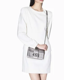 Mini borsa a tracolla Armani Exchange grigia in similpelle effetto metallizzato con catena metallica e fibbia logo