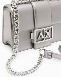 Mini borsa a tracolla Armani Exchange grigia in similpelle effetto metallizzato con catena metallica e fibbia logo