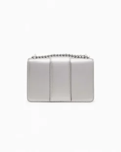 Mini borsa a tracolla Armani Exchange grigia in similpelle effetto metallizzato con catena metallica e fibbia logo