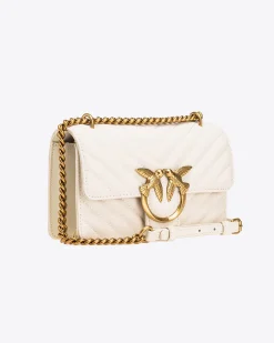 Mini Classic Bag Chevron in pelle bianca con fibbia Love Birds argento e tracolla a catena regolabile