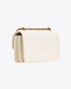 Mini Classic Bag Chevron in pelle bianca con fibbia Love Birds argento e tracolla a catena regolabile