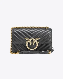 Mini Classic Bag Chevron in pelle nera con fibbia Love Birds dorata e tracolla a catena regolabile
