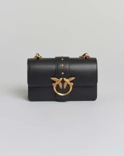 Mini Classic Love Bag One nera in pelle liscia con fibbia Love Birds dorata e tracolla a catena rimovibile