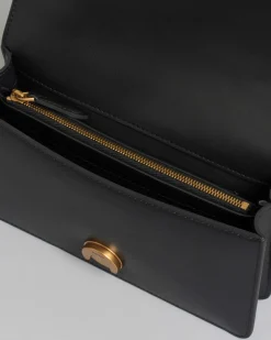 Mini Classic Love Bag One nera in pelle liscia con fibbia Love Birds dorata e tracolla a catena rimovibile
