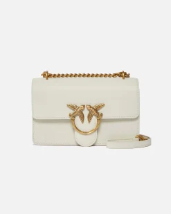 Mini Classic Love Bag one Simply in pelle liscia bianca con fibbia dorata Love Birds e tracolla a catena regolabile