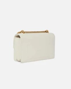 Mini Classic Love Bag one Simply in pelle liscia bianca con fibbia dorata Love Birds e tracolla a catena regolabile