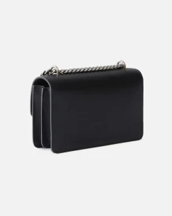 Mini Classic Love Bag one Simply in pelle liscia nera con fibbia argento Love Birds e tracolla a catena regolabile