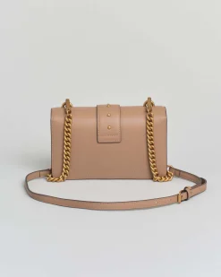 Mini Classic Love Bag One color cammello in pelle liscia con fibbia Love Birds dorata e tracolla a catena rimovibile