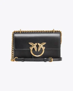 Mini Classic Love Bag one Simply in pelle liscia nera con fibbia dorata Love Birds e tracolla a catena regolabile