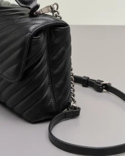 Mini Lady Bag in pelle nera con motivo a chevron e manico a mano e fibbia Love Birds argento