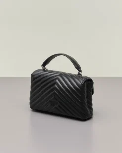 Mini Lady Bag in pelle nera con motivo a chevron e manico a mano e fibbia Love Birds argento