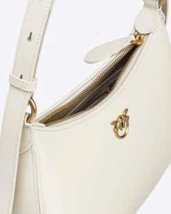 Mini Love Bag Half Moon in pelle liscia bianca con logo Love Birds dorato in metallo frontale