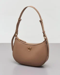 Mini Love Bag Half Moon in pelle liscia color cammello con logo Love Birds dorato in metallo frontale