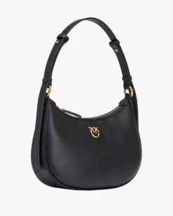 Mini Love Bag Half Moon in pelle liscia nera con logo Love Birds dorato in metallo frontale