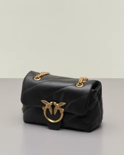 Mini Love Bag Puff nero in nappa con motivo matelassè obliquo e fibbi argento Love Birds