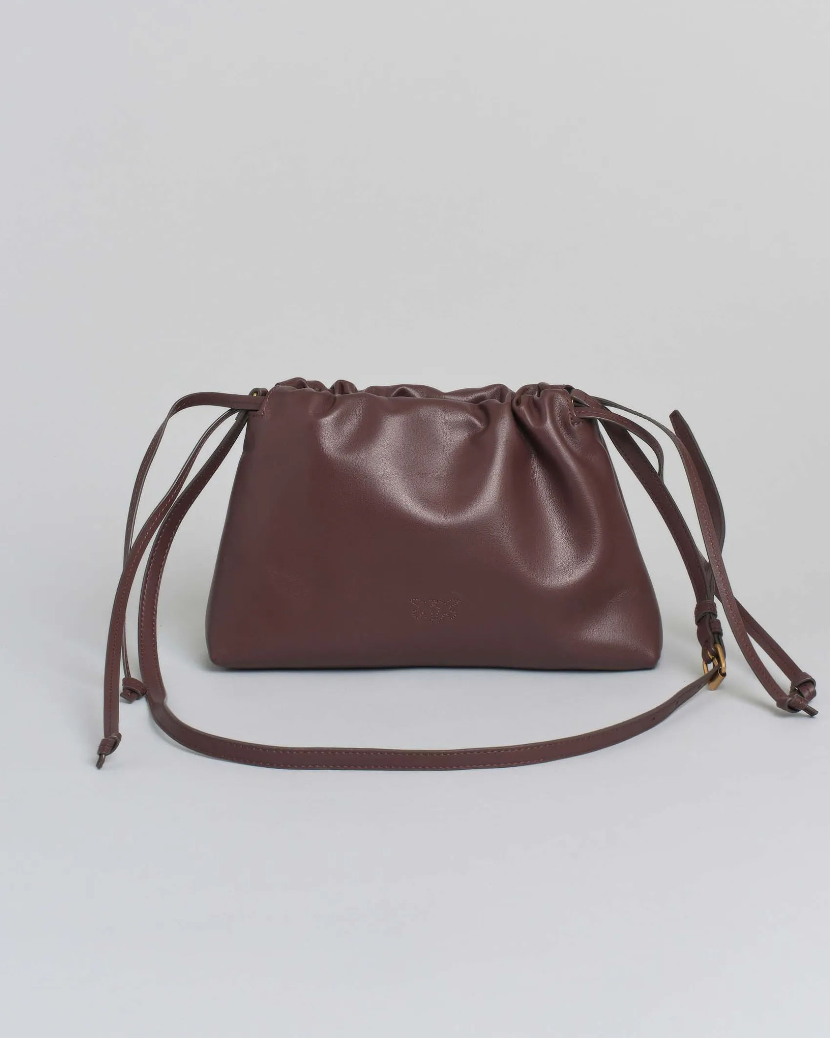 Mini sacchetto color mogano Pinko in pelle con chiusura arricciata con doppia tracolla a coulisse